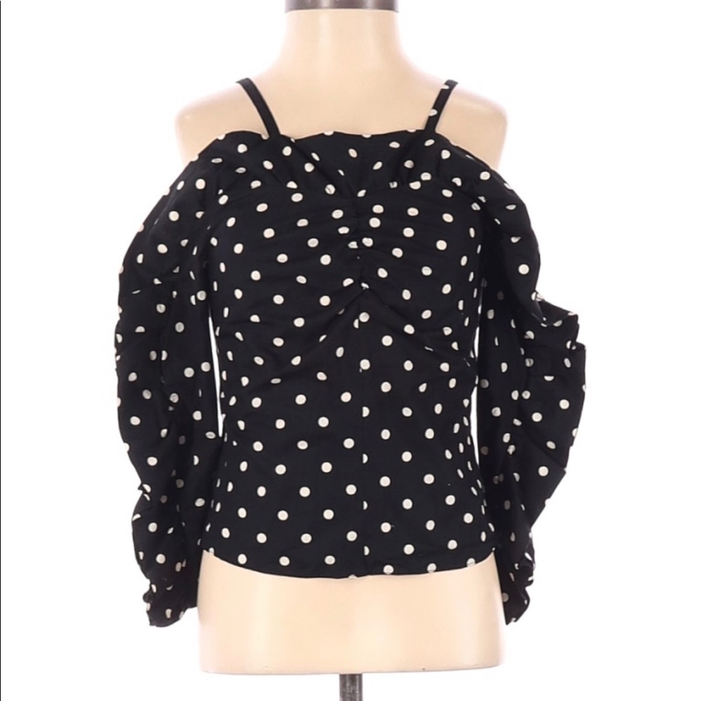 Structured Polka Dot Off Shoulder Ruffled Top - Picture 4 of 10